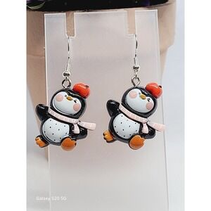 Penguin with Red Beret and Scarf Winter Drop Earrings Silver Tone Hooks NEW